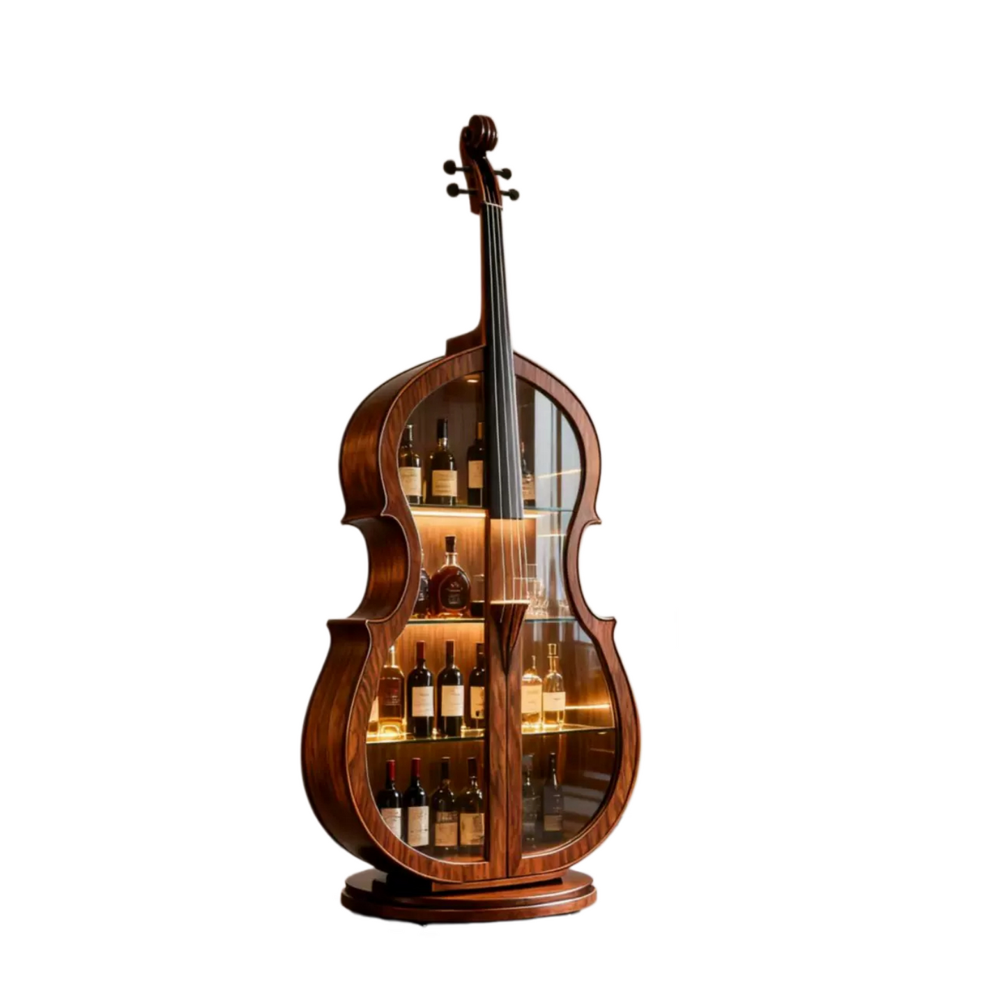 Rotating Cello Shaped Liquor Cabinet, Ash Wood Glass Door Bar Storage