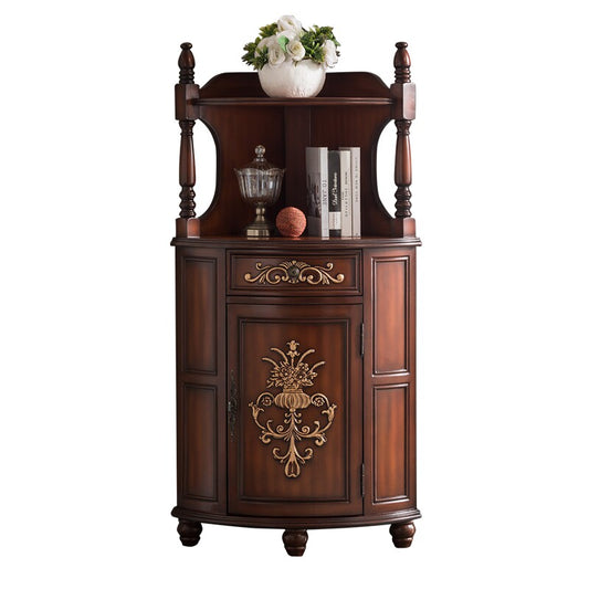 Solid Wood Corner Cabinet with Shelf, Carved Accent Storage Cabinet for Living Room, Entryway &amp; Dining Room, Brown Finish
