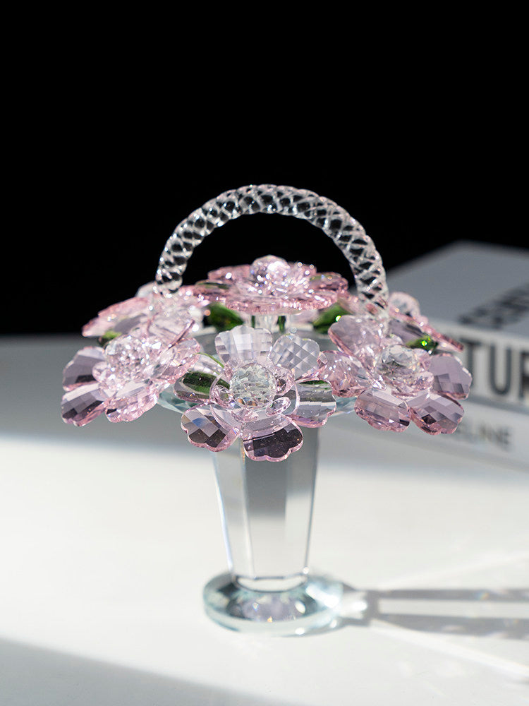 Pink Crystal Flower Basket Figurine, Decorative Floral Tabletop Sculpture