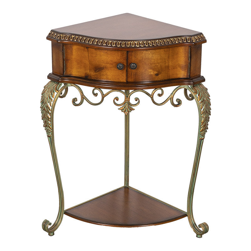 Amber Brown Birch Wood Corner Cabinet, Triangular Side Table with 2-Door Storage, Lower Shelf and Ornate Metal Frame for Living Room, Bedroom, Entryway and Foyer