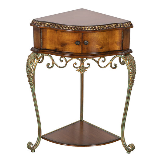 Amber Brown Birch Wood Corner Cabinet, Triangular Side Table with 2-Door Storage, Lower Shelf and Ornate Metal Frame for Living Room, Bedroom, Entryway and Foyer