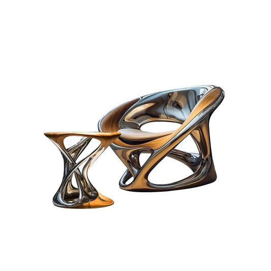 Sculptural Fiberglass Lounge Chair with Matching Side Table, Chrome and Wood Tone Modern Accent Chair Set for Living Room, Bedroom, Office, Hotel Lobby and Luxury Home Decor
