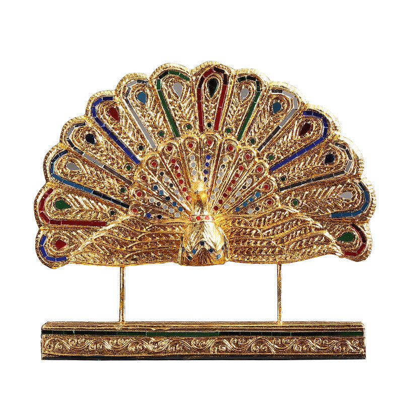 Gold Peacock Sculpture with Multicolor Fan Tail, Decorative Tabletop Figurine