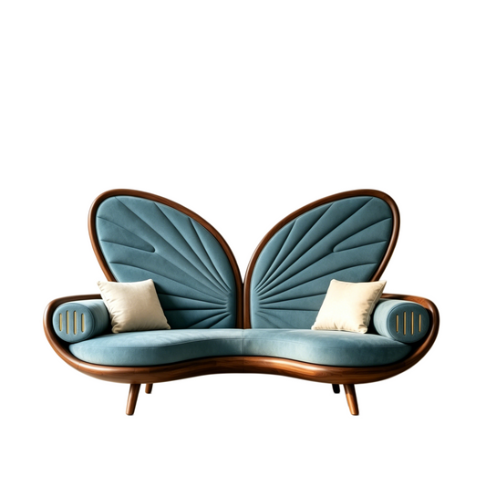 Blue Butterfly Back Ash Wood Loveseat with Accent Pillows