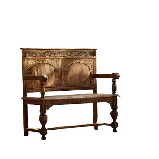 Dark Brown Solid Wood 2-Seat Carved Loveseat Bench