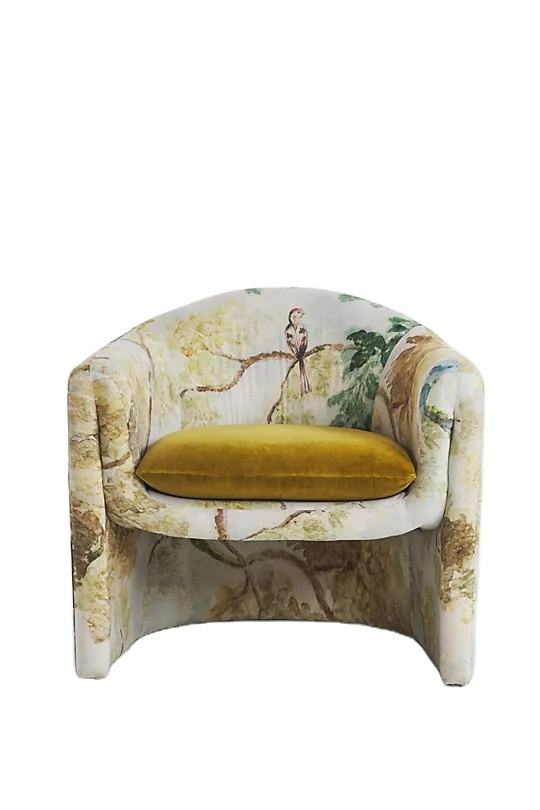 Floral Bird Print Accent Chair with Mustard Velvet Cushion for Living Room