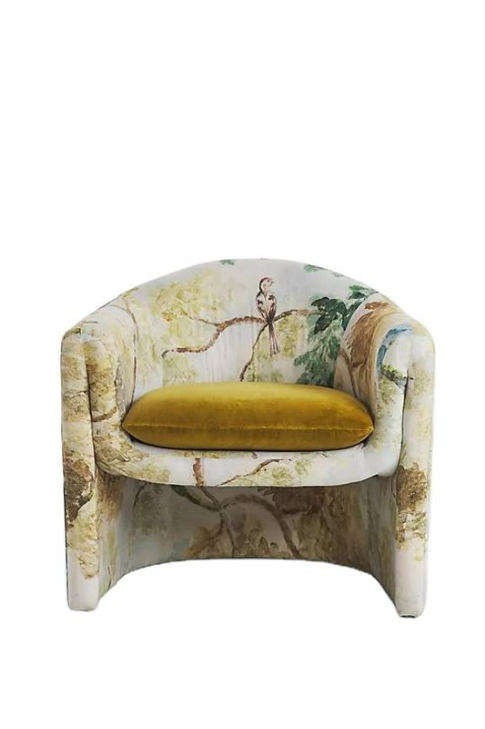 Floral Bird Print Accent Chair with Mustard Velvet Cushion for Living Room