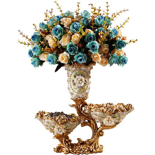 European Style 3-in-1 Centerpiece Vase and Fruit Bowl Set, Decorative Double Side Candy Dish with Center Flower Vase, Vintage Tabletop Resin Decor with 6 Artificial Flower Bundles for Dining Table, Living Room, Entryway