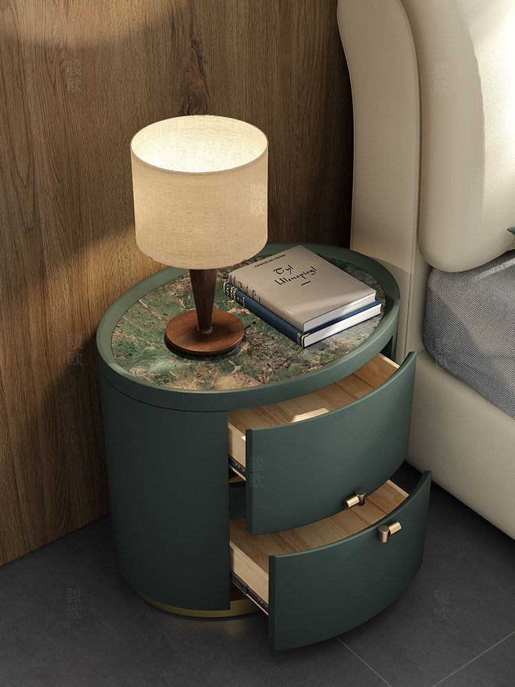 Deep Green Oval Nightstand with 2 Drawers, Modern Leather Look Bedside Table with Stone Pattern Top, Gold Tone Base and Solid Wood Frame, Luxury Accent End Table for Bedroom, Living Room
