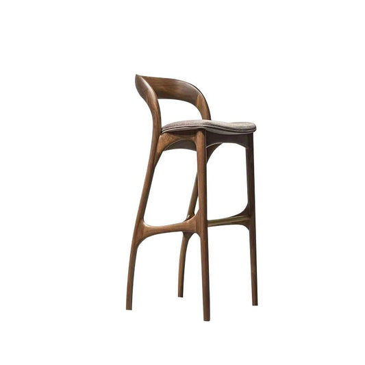 Walnut Wood Bar Stool with Backrest, Modern Counter Height Bar Chair with Upholstered Seat, Curved Wooden Kitchen Island Stool, Minimalist High Chair for Home Bar, Dining Room, Cafe and Breakfast Counter
