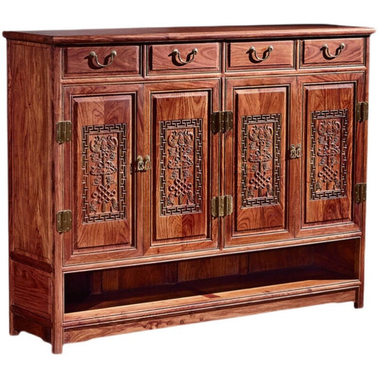 Reddish Brown Solid Wood Shoe Cabinet, 4-Door 4-Drawer Entryway Storage Organizer with Carved Panels and Open Bottom Shelf for Foyer, Hallway, Bedroom and Living Room