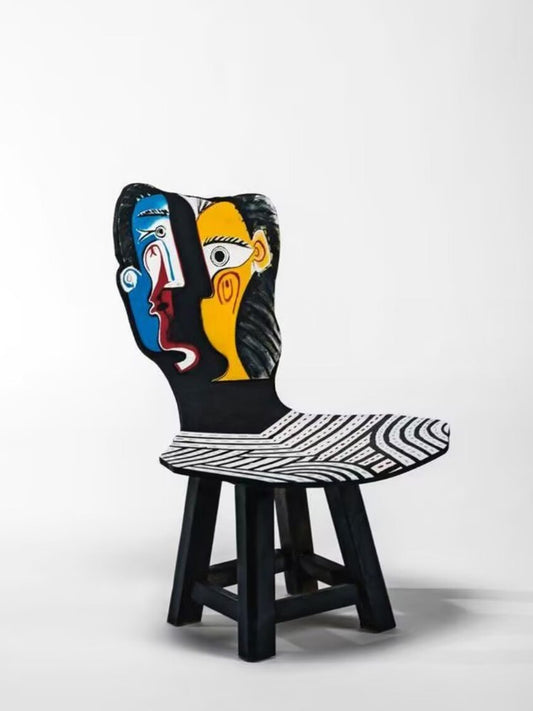Hand Painted Abstract Face Dining Chair, Solid Wood Artistic Accent Chair with Black and White Pattern Seat, Modern Statement Side Chair for Dining Room, Living Room, Bedroom, Studio, and Entryway Decor