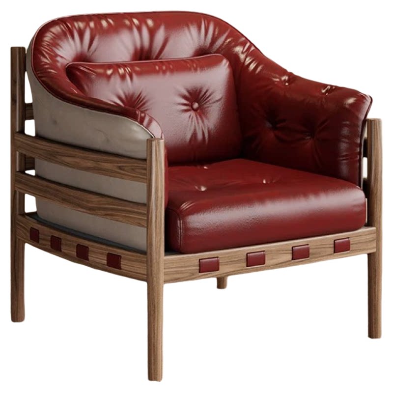 Vintage Burgundy Leather Accent Chair, Solid Wood Frame Lounge Armchair with Tufted Cushion and Lumbar Pillow for Living Room, Bedroom, Study and Reading Nook