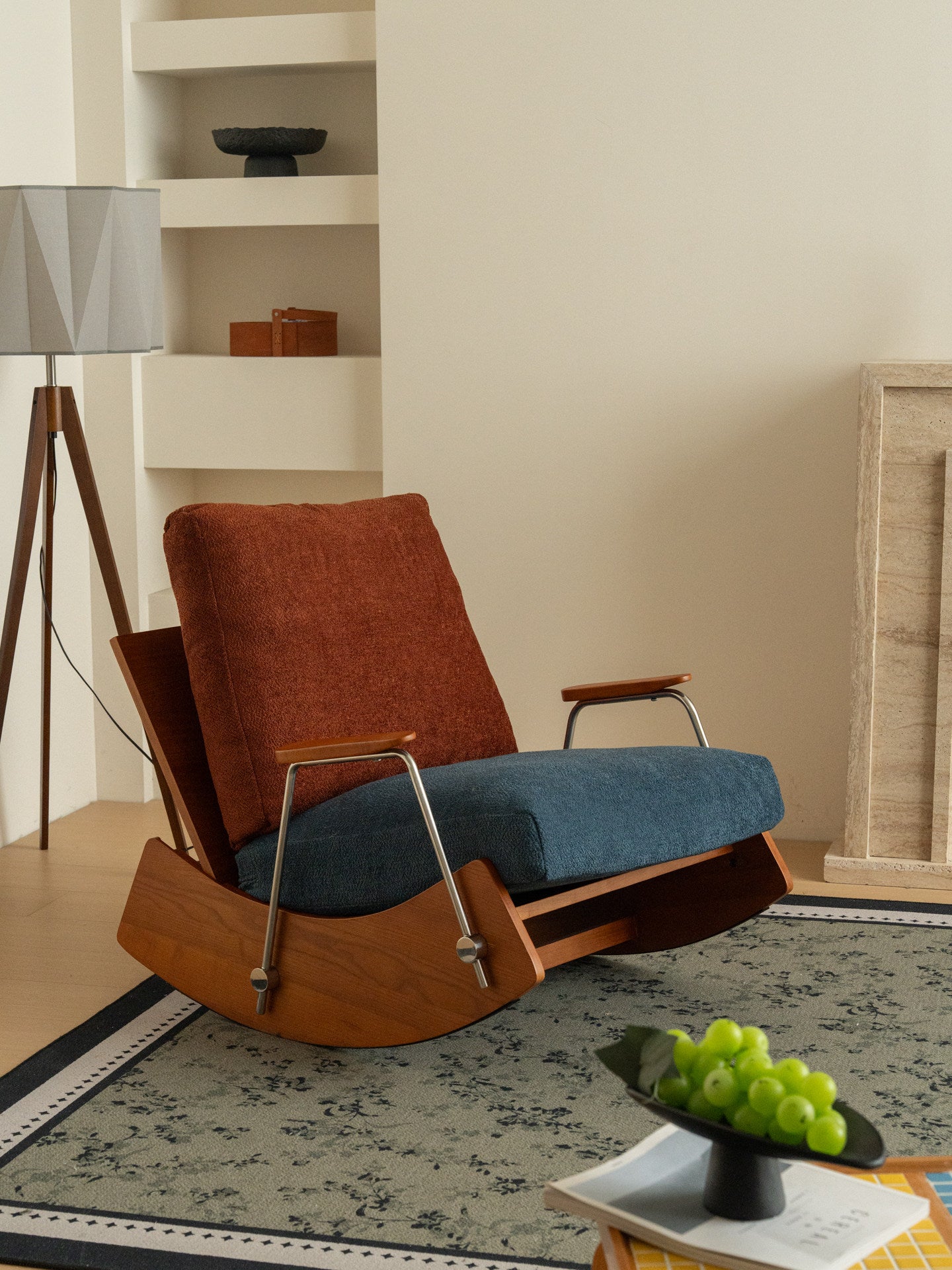 Two-Tone Upholstered Rocking Chair, Wood Frame Lounge Accent Chair