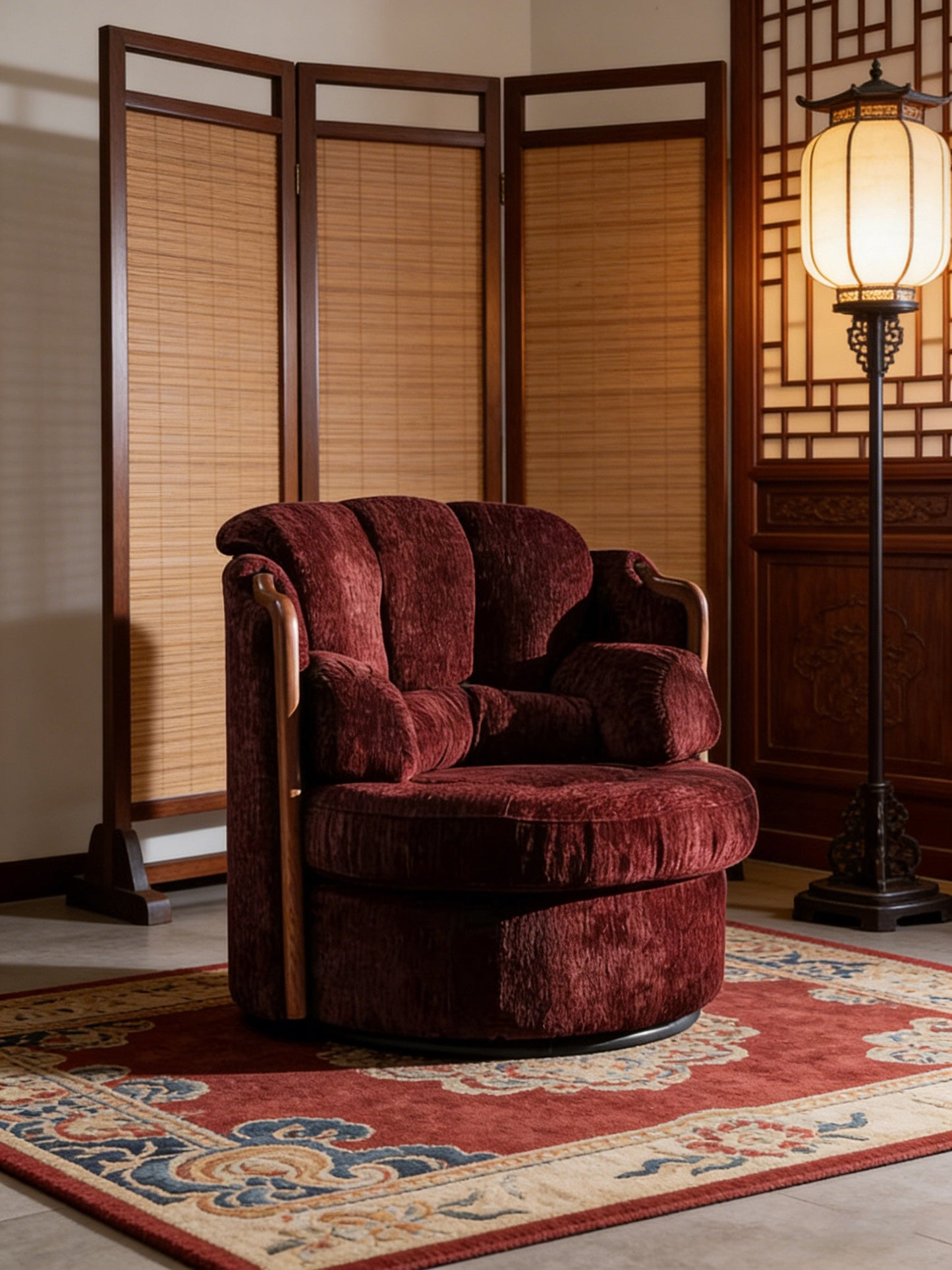 Vintage Swivel Accent Chair, Burgundy Chenille Lounge Chair with Plush Cushions, Upholstered Single Sofa Chair for Living Room, Study, Tea Room and Reading Nook