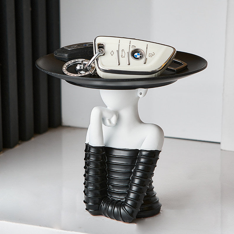 Black and White Abstract Woman Figurine Tray, Modern Resin Jewelry Holder and Catchall Organizer for Keys, Rings, Perfume, Vanity, Entryway Console, Bedroom and Living Room Décor