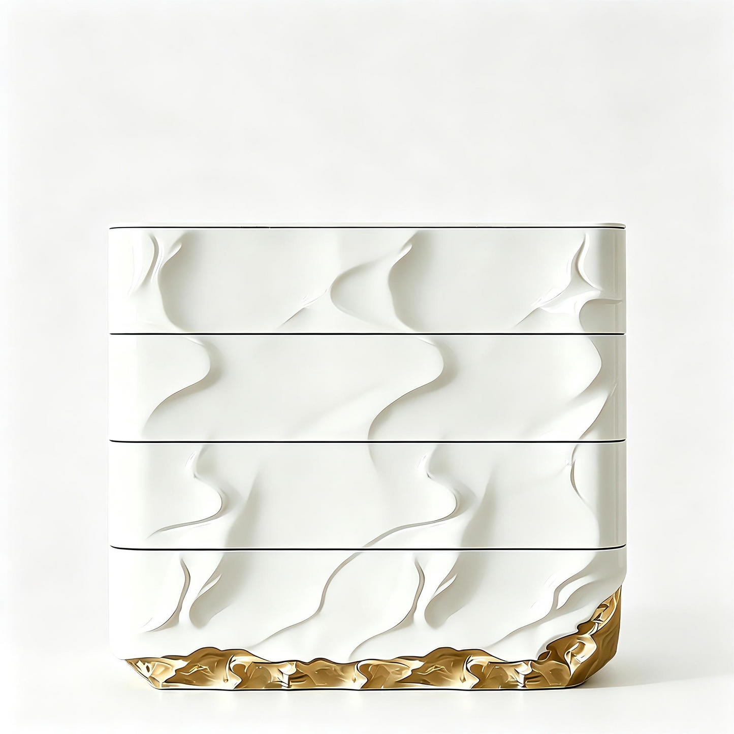 White and Gold 4 Drawer Chest, Modern Luxury Storage Cabinet with Sculpted Wave Front, Artistic Dresser Cabinet for Bedroom, Dining Room, Living Room, Entryway, Hallway