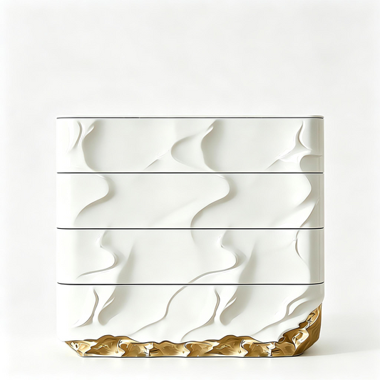 White and Gold 4 Drawer Chest, Modern Luxury Storage Cabinet with Sculpted Wave Front, Artistic Dresser Cabinet for Bedroom, Dining Room, Living Room, Entryway, Hallway