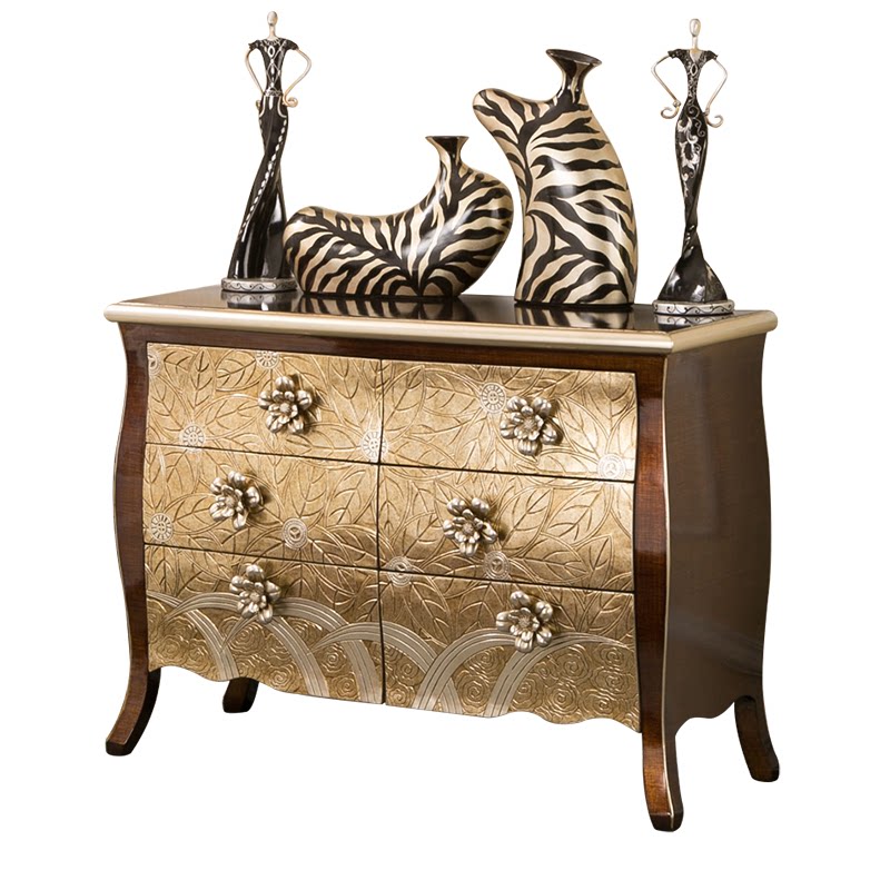 Vintage 6 Drawer Dresser with Hand Painted Floral Front, Wooden Accent Storage Cabinet, Luxury Entryway Console Table, Bedroom Chest of Drawers, Fully Assembled