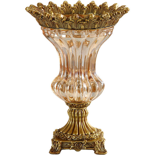 Gold Glass Pedestal Vase, European Style Decorative Flower Vase with Ornate Resin Base, Tall Table Centerpiece Urn for Faux Flowers, Dining Table, Entryway, Hotel, Living Room Decor