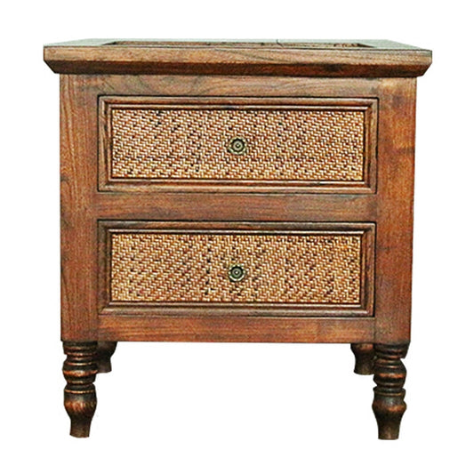 Solid Elm Wood Nightstand with 2 Rattan Drawer Fronts, Rustic Bedside Table with Turned Legs and Distressed Brown Finish for Bedroom, Guest Room or Living Room