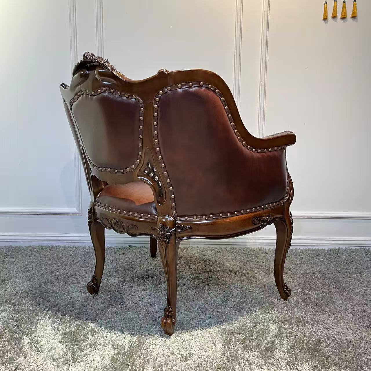 Brown Leather Accent Chair with Carved Solid Wood Frame, 29.5 Inch