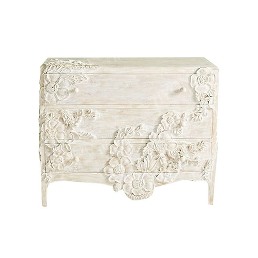 Whitewashed Floral Carved 3-Drawer Dresser Chest
