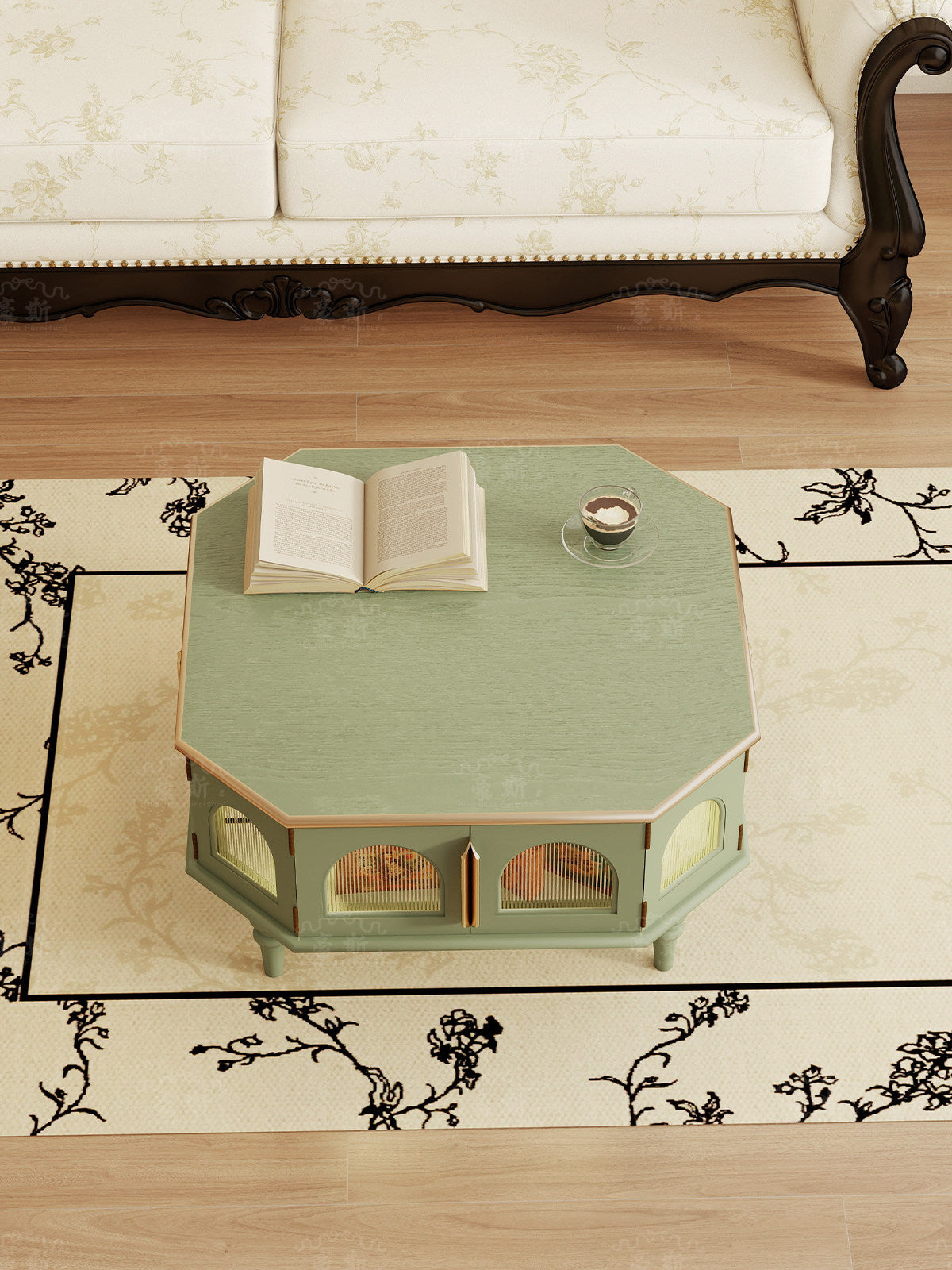 Moss Green Hexagon Coffee Table with Storage Doors, Solid Wood Frame
