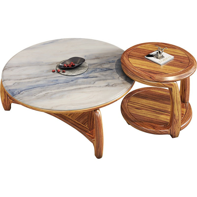 Wenge Wood Round Coffee and Side Table Set with Marble Top