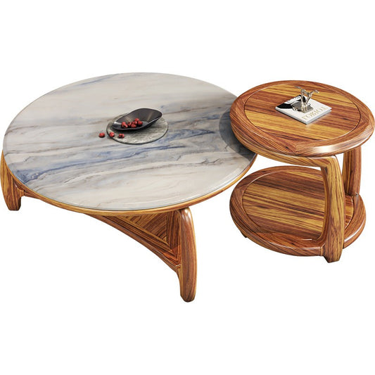 Wenge Wood Round Coffee and Side Table Set with Marble Top