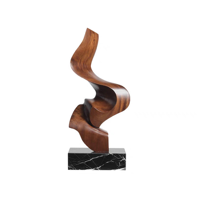 Abstract Wood Sculpture with Black Marble Base, Modern Tabletop Art, 23.6 Inch