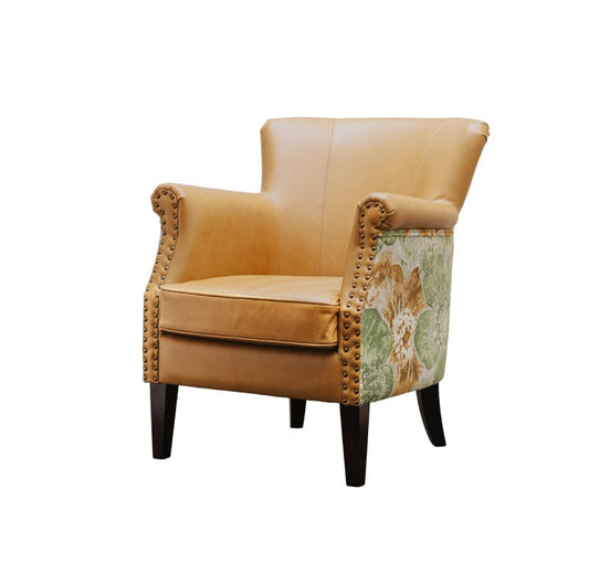 Tan Top Grain Leather Accent Chair, Vintage Style Rolled Armchair, Nailhead Trim Single Sofa Chair with Green Floral Side Panels for Living Room, Bedroom, Office