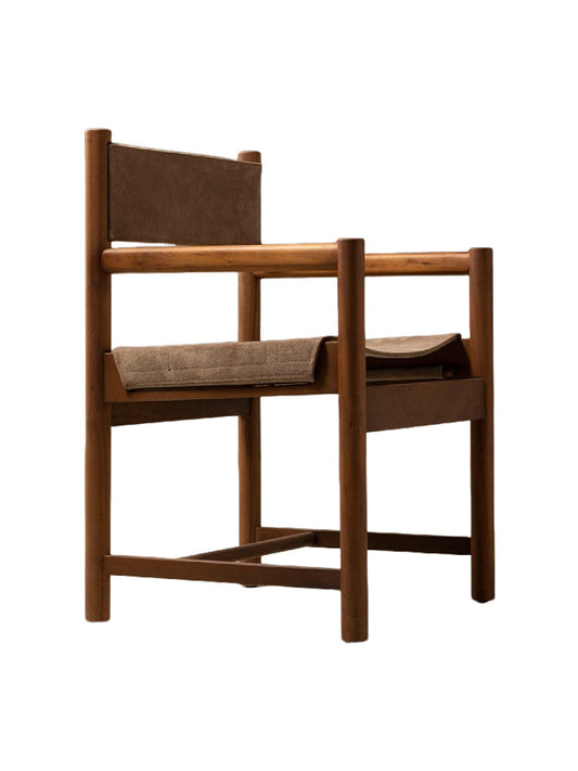 Mid Century Teak Dining Chair, Solid Wood Armchair with Brown Leather Backrest and Upholstered Seat, Retro Scandinavian Side Chair for Dining Room, Desk, Living Room, Restaurant and Café