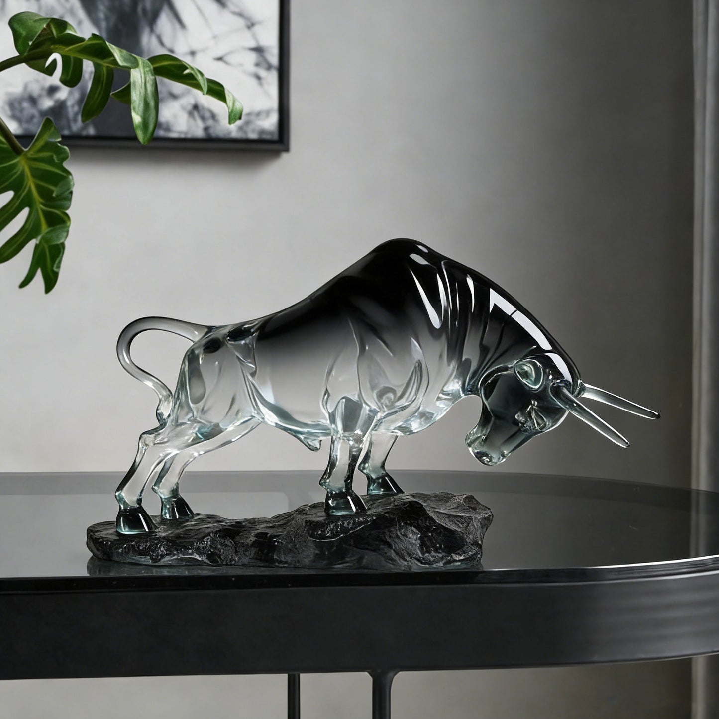 Transparent Bull Statue, Dynamic Head-Down Cattle Sculpture on Textured Base, Clear Glass-Look Animal Figurine for Office Desk, Living Room, Bookshelf and Executive Décor