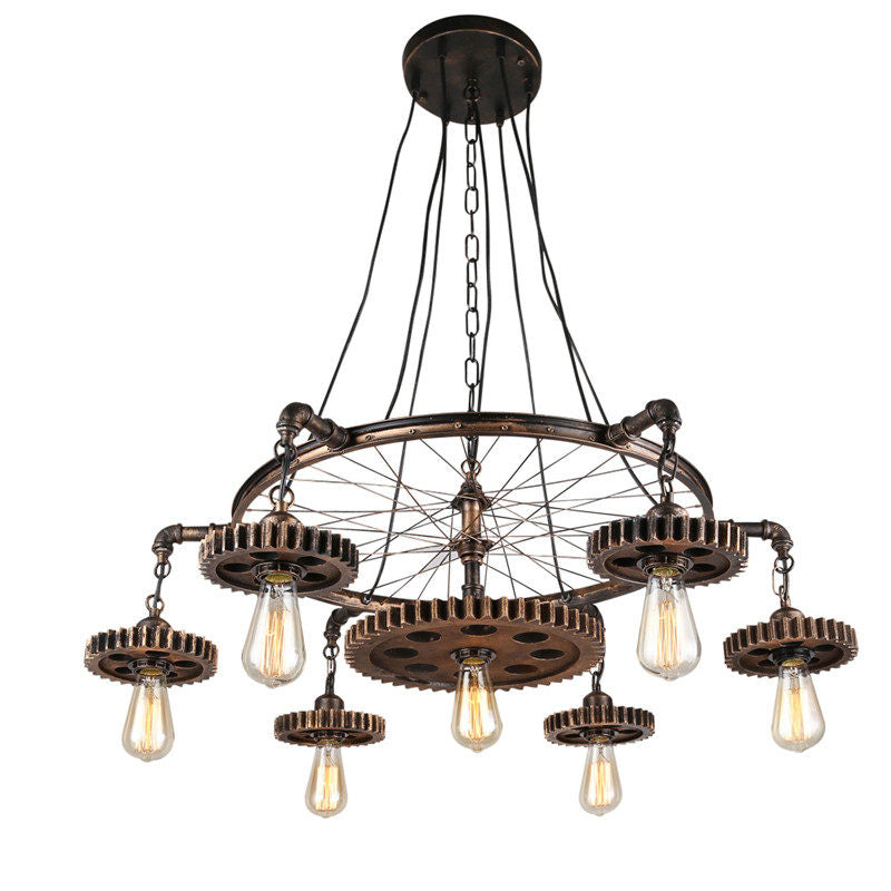 Industrial Gear Wheel Chandelier, 7 Light Vintage Loft Pendant Light with Metal Pipe and Bicycle Wheel Design, Rustic E27 Hanging Ceiling Lamp for Dining Room, Cafe, Bar, Restaurant, Hallway