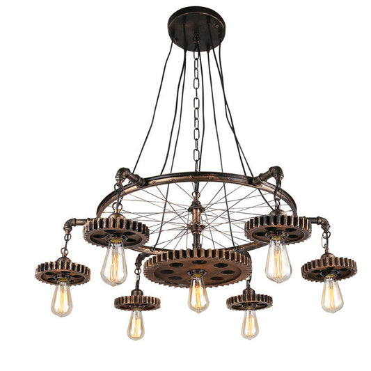 Industrial Gear Wheel Chandelier, 7 Light Vintage Loft Pendant Light with Metal Pipe and Bicycle Wheel Design, Rustic E27 Hanging Ceiling Lamp for Dining Room, Cafe, Bar, Restaurant, Hallway