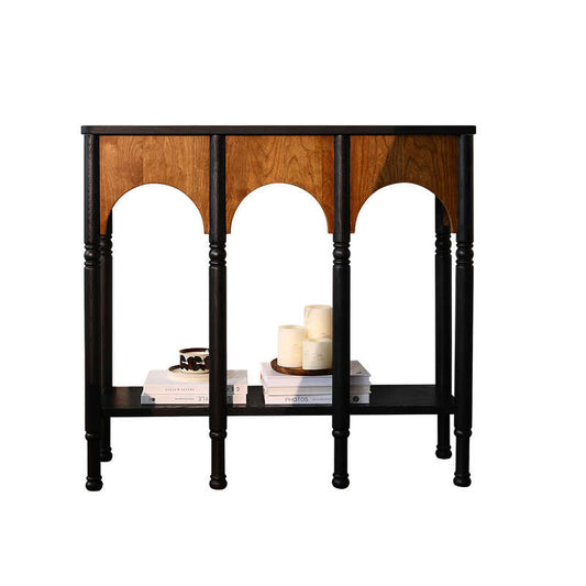 Two Tone Solid Pine Console Table, Vintage Style Entryway Table with Arched Panels, Turned Legs and Lower Shelf, Narrow Hallway Sofa Table for Living Room, Foyer, Corridor, Display Decor