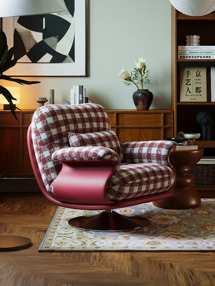 Red Plaid Swivel Accent Chair with Cushioned Arms and Metal Base