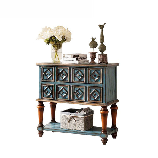 Distressed Blue Wood Console Cabinet with 8 Drawers and Lower Storage Shelf