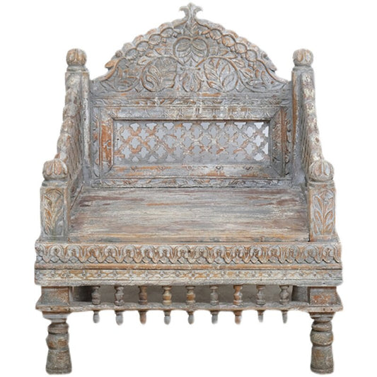 Hand Carved Wooden Armchair, Distressed Bohemian Accent Chair, Rustic Jali Back Lounge Chair for Living Room, Bedroom, Hotel, Entryway Decor