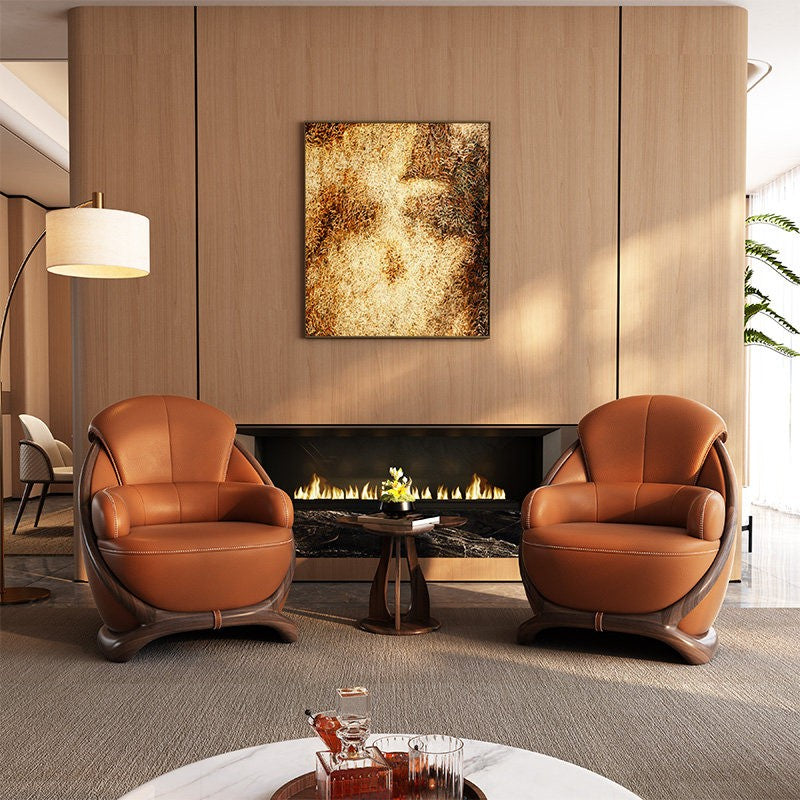 Brown Leather Lounge Chair with Sculpted Wenge Wood Frame