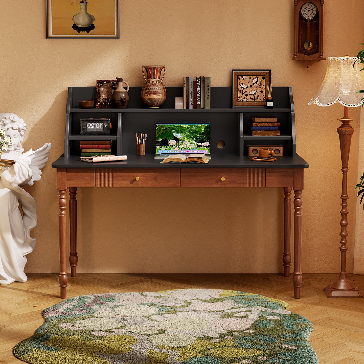 Walnut and Black Writing Desk with Hutch, Shelves and Two Drawers