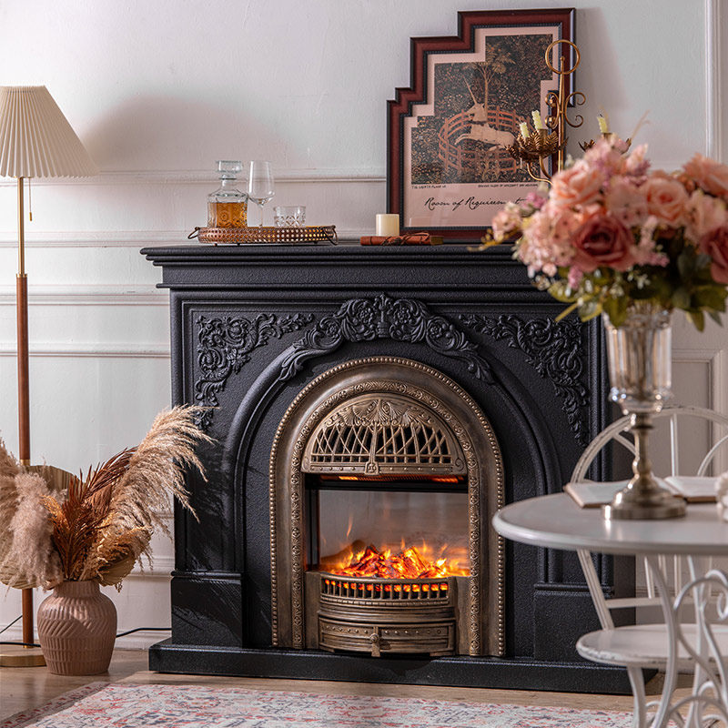 Black Electric Fireplace Mantel with Heater, Ornate Freestanding Faux Fireplace Console for Living Room, Bedroom, Office and Entryway