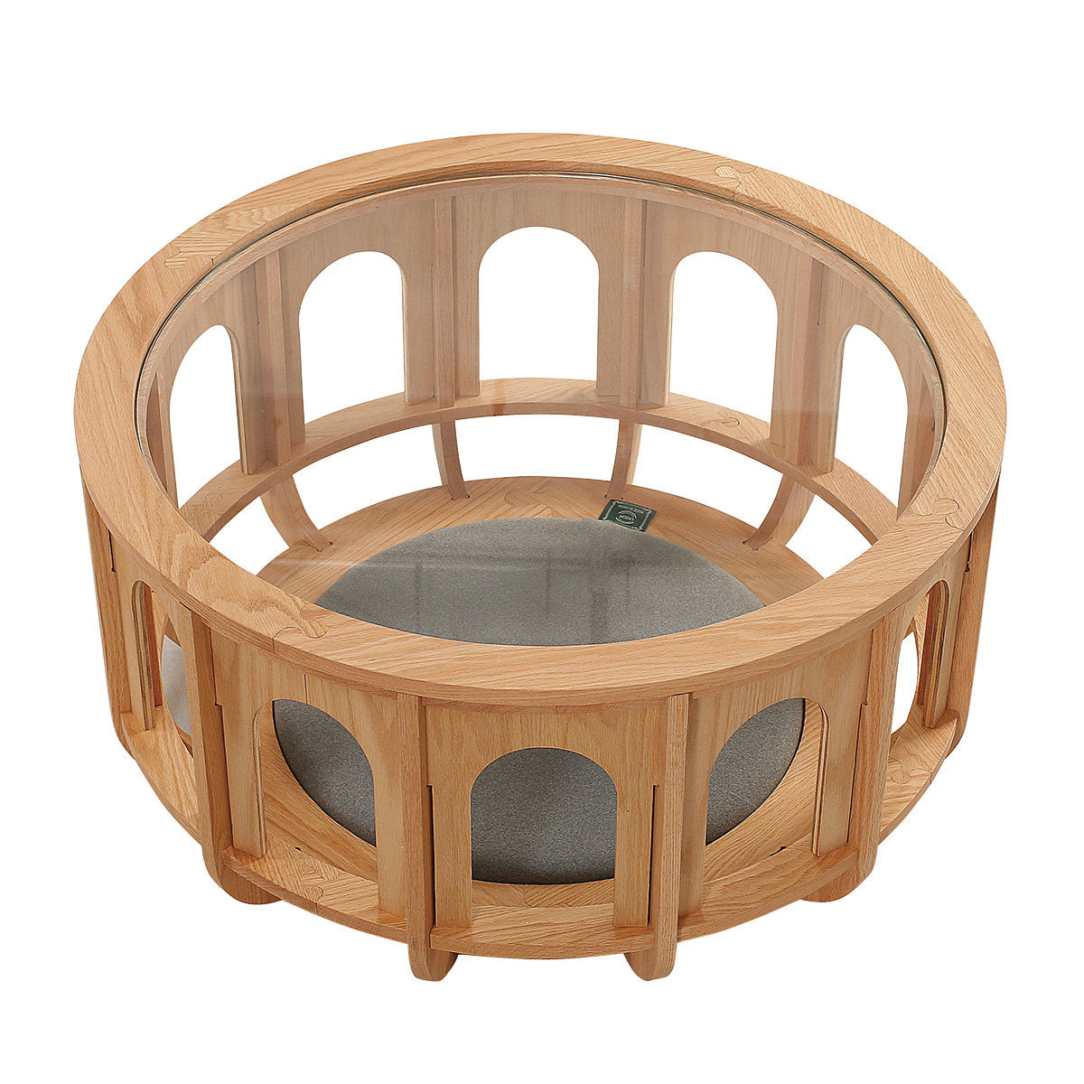 Natural Solid Red Oak Round Cat Coffee Table with Glass Top and Pet Bed