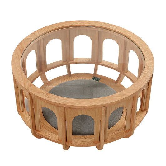 Natural Solid Red Oak Round Cat Coffee Table with Glass Top and Pet Bed