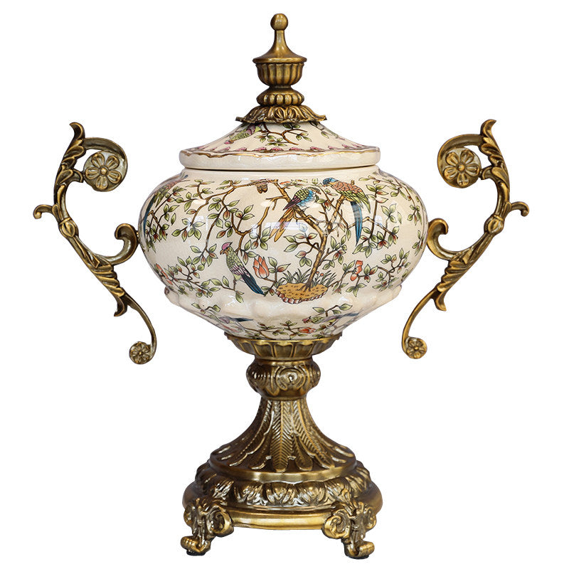 Ceramic Decorative Jar with Lid, Bird Floral Design and Ornate Metal Handles