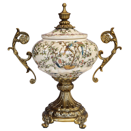Ceramic Decorative Jar with Lid, Bird Floral Design and Ornate Metal Handles