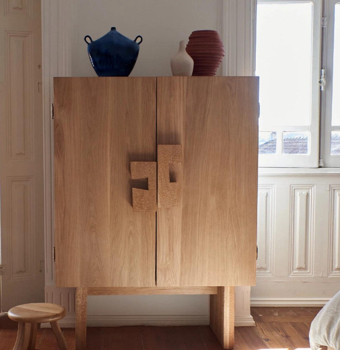 Solid Wood Storage Cabinet, Tall 2 Door Sideboard Cabinet with Natural Wood Finish, Wabi Sabi Accent Cabinet for Dining Room, Living Room, Entryway or Bedroom