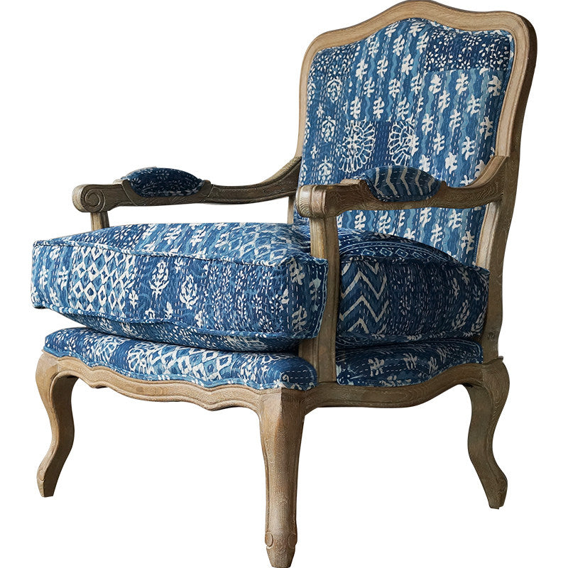 Blue Patchwork Upholstered Wood Accent Chair with Carved Arms