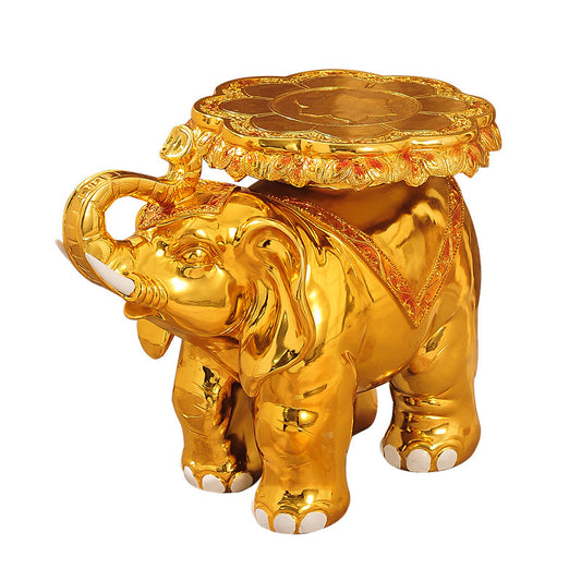 Gold Elephant Stool, Large Decorative Elephant Side Table, Lucky Elephant Accent Stool with Raised Trunk, Luxury Animal Figurine Stand for Living Room, Entryway, Bedroom, Housewarming Gift